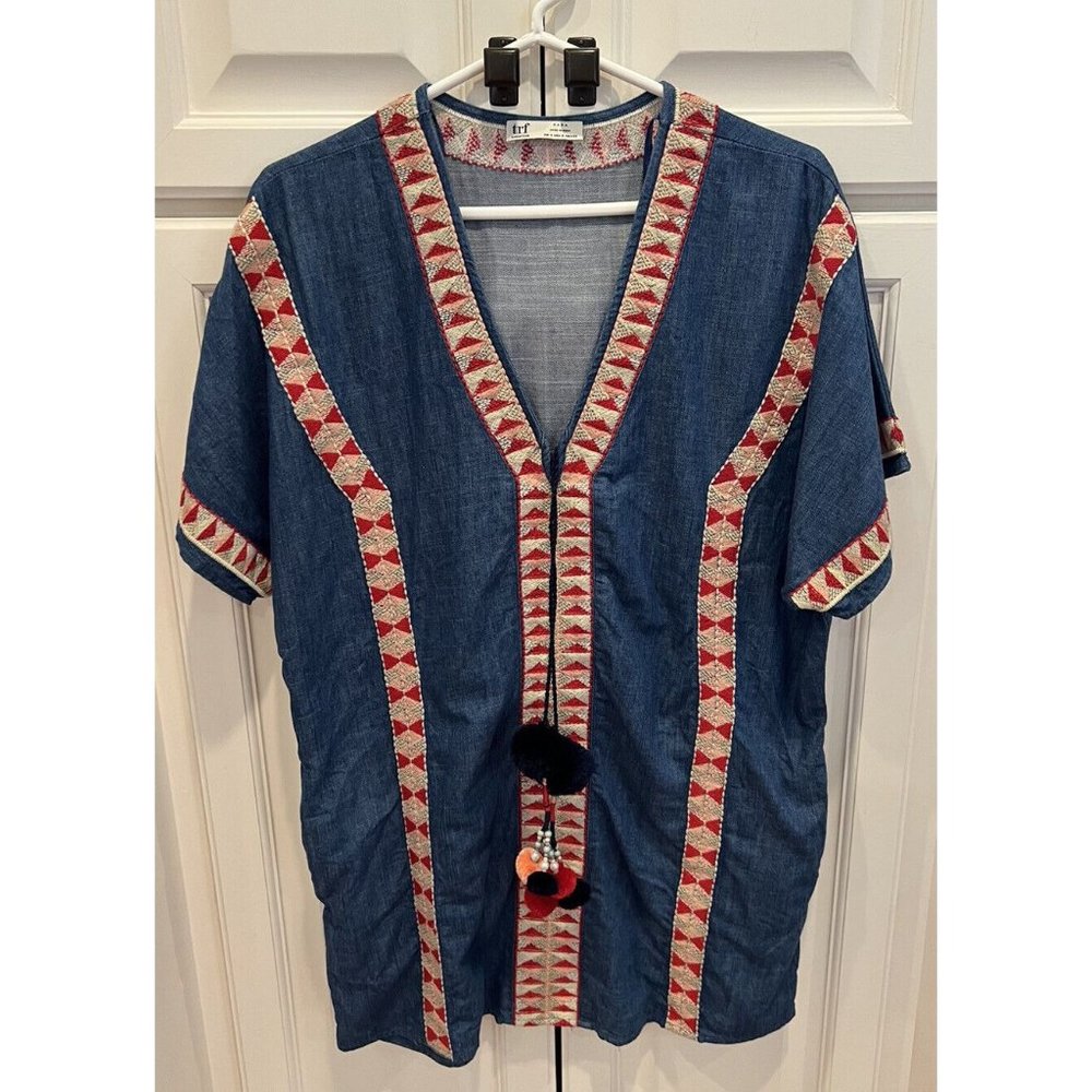 Zara TRF Collection Denim Tunic Embroidery Trim Tassels Pom Poms Women’s Size S
